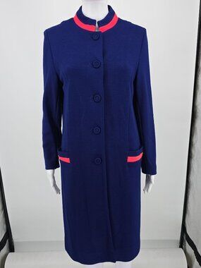 Vintage 1960s Joyce Navy Blue/Pink Knee Length Stand Collar Mod Coat (S)